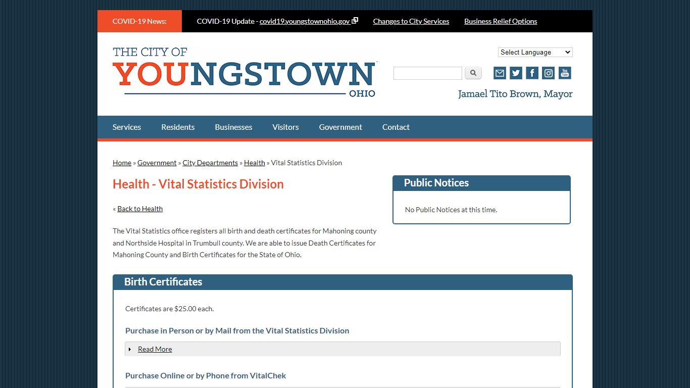 Health - Vital Statistics Division - City of Youngstown, Ohio